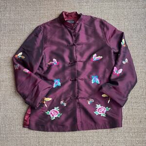 🦋 Henki Embroidered Silk Jacket | Size XL | Deep Plum | Butterfly & Peony